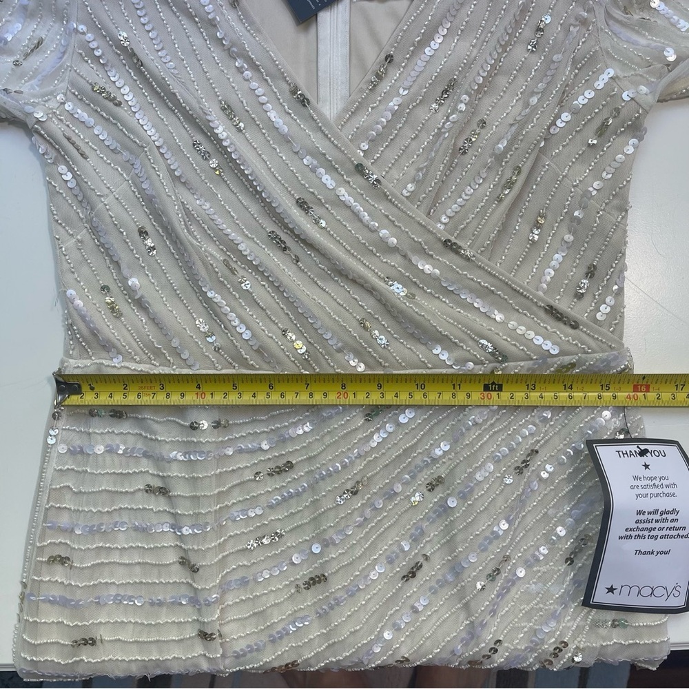 NWT Adrianna Papell White Beaded Sequins Embellished Dress Sheer Sleeves V-Neck - Picture 10 of 16